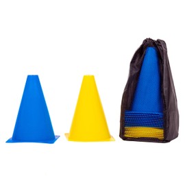 8LevelUp Pylons Set of 20 - 18 cm Cones (10 Yellow and 10 Blue Cones - Flexible, Safe and Robust) with Bag for Football, Equestrian Sports, Dog Training, Horse Training, Agility Training for Dogs