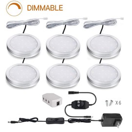 LED Puck Lights, Set of 6, White | Dimmable Under Cabinet Lighting, Led Under Counter Lighting for Kitchen Closet, Bookcase, Shelf, All Accessories Included (6Pack,White)