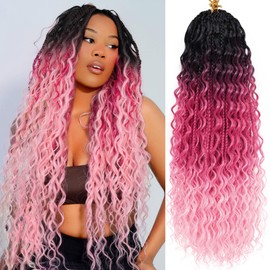 Goddess Box Braids Crochet Hair Ombre Pink Boho Crochet Braids 24 Inch 7 Packs Bohemian Crochet Braids with Curly Ends Knotless Box Braids Crochet Braiding Hair Extensions, 1B/Rosy/Pink