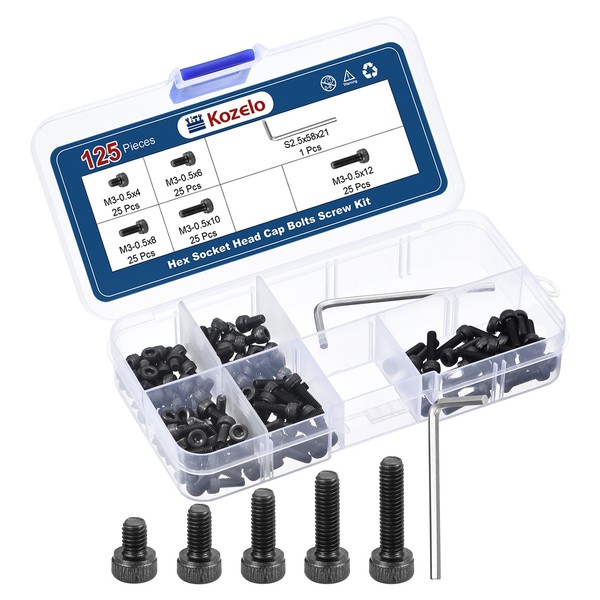 Kozelo 125pcs M3 Socket Head Cap Screws Bolts Nuts Assortment