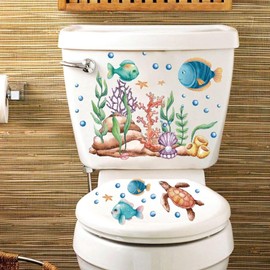 3 Sheets Under The Sea Toilet Stickers, Seaweed Fish Sea Turtle Toilet Seat Lid Stickers, Self-Adhesive Ocean Life Toilet Lid Decals, Bathroom Stickers Toilet Cover Decorative Stickers
