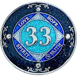 (Years 1-50) NA 33 Year Crystals and Glitter Medallion, Silver Color Plated Coin, Black Rainbow, Blue Glitter and Four Clear Crystals, Epoxy Covered (NA 33 Year Clean Time)