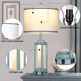 Industrial Farmhouse Table Lamp, 26" Vintage Rustic Beside Lamp with USB A+C Charging Ports & AC Outlet, Nightstand Metal Lamp with LED Night Light & Fabric Shade for Living Room Bedrooms Blue