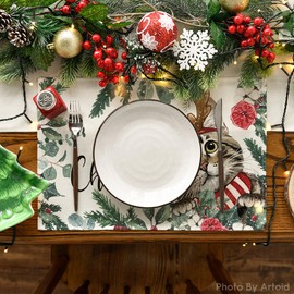 Artoid Mode Holly Eucalyptus Christmas Placemats Set of 4, 30 x 45cm Seasonal Winter Xmas Holiday Vintage Washable Set of 4