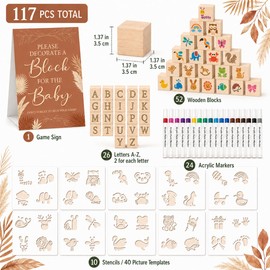117 Pcs Baby Shower Blocks to Decorate Game Kit, 52 Wooden Baby Blocks for Baby Shower Games, 24 Acrylic Markers, 10 Stencils, Game Sign, DIY Baby Shower Activity & Gender Reveal Decor, Kraft Boho