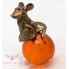 Russian Solid Brass Amber Figurine of Abundance Mouse on ball