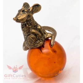 Russian Solid Brass Amber Figurine of Abundance Mouse on ball Talisman IronWork