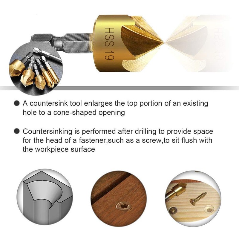 Beenle-Icey 6-Piece Countersink Set Hexagonal Countersink Drill Bit 90° Angle