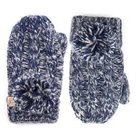C.C Colorful Knit Children's Mittens – Cozy with Pom Pom Accent (2 Tone - Navy)
