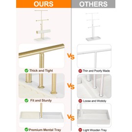 Jenseits Jewelry Organizer Stand Necklace Holder Organizer, 3-Tier Earrings Organizer w/Bracelet Storage Display & Velvet Ring Tray, Cute Metal Aesthetic Jewelry Tower Rack for Women Girls - Gold
