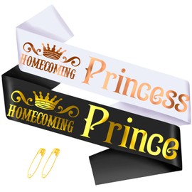 2 Pcs 'Homecoming Prince' and 'Homecoming Princess' Sashes with Gold Foil - Prom Sash for High School Dance King, Queen, Court (Black + White)