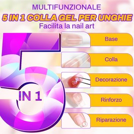 ZIFUTON 5 In 1 Colla Per Unghie Finte Extra Forte, Colla Gel Unghie Per Tip UV, Semipermanente, Nail Glue per Tip UV/LED en Gel Resina 15 ml