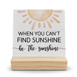 FUGWN Inspirational Desk Decor, Sunshine Decor Wood Desk Sign, Motivational Sun Sunrise Office Desk Decor, Be the Sunshine Wooden Plaque with Wood Stand for Home Office Table Decor