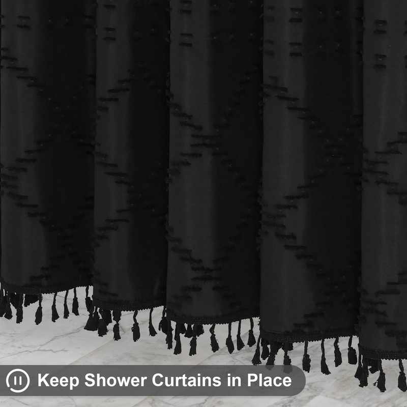 Craidlela Extra Long Black Boho Woven Fabric Shower Curtain with