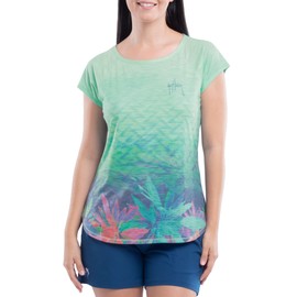 Guy Harvey Camiseta de poliéster y rayón para mujer, Playa/Flower Power, S