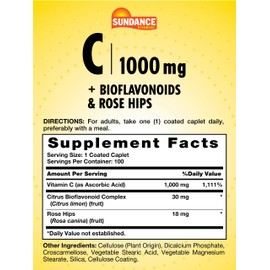 Sundance Vitamin C 1000mg with Rose HIPS & Bioflavonoids | 100 Coated Caplets | Vegetarian, Non-GMO and Gluten Free Supplement