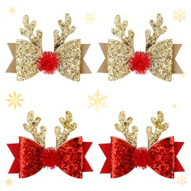 2 Pairs Christmas Hair Clip - Christmas Reindeer Antlers Headdress, Cute Bow Ties Antlers Ears Hair Pins, Christmas Party Hair Accessories for Girls Women (Gold & Red)