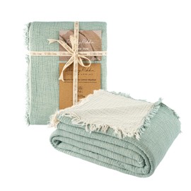 Summer Muslin Blanket 83"x89" – Cooling Airy Coverlet for Adults, Organic Turkish Cotton, Lightweight 3-Layer Fluffy Gauze, Certified Non Toxic Fabric, Bed & Couch Throw - Teal Green