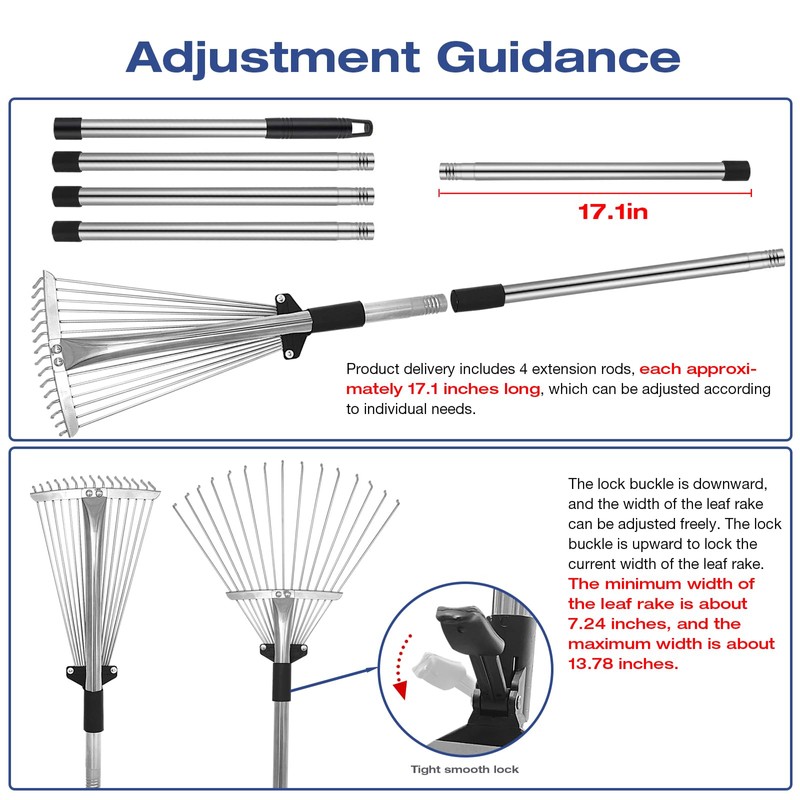PEAKCLOUDS Adjustable Metal-Leaf Rake with Telescopic Handle - Lawn &