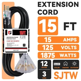 EP 15 Ft 12 Gauge Heavy Duty Extension Cord, 15A 125V 1875W, 3 Outlet Indoor/Outdoor Power Cord with Lighted End, 12/3 SJTW Weatherproof Black