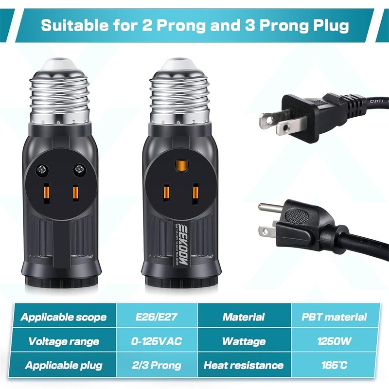 Feekoon 2 Pcs 3 Prong Light Socket Adapter, E26 Light