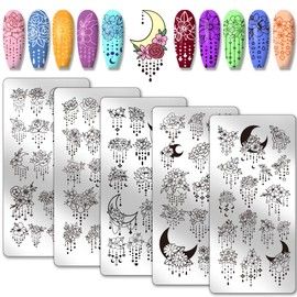PH PandaHall 5pcs Nail Stamping Plates, Floral Pearl Necklace Nail Art Stamp Template Flower Moon Nail Art Stencils Stainless Steel Nail Picture Plates for DIY Nail Design Print Manicure Salon