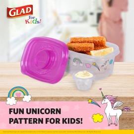 Glad for Kids GladWare Snack Containers with Unicorn Design | BPA-Free Plastic Food Storage, 24oz 4 Count with Dressing Cups | Microwave & Dishwasher Safe, Pink, Plastic