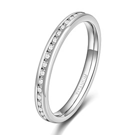 TIGRADE 2.5mm Women Titanium Stacking Ring Cubic Zirconia Polished Anniversary Wedding Band Size 4-10,Silver, 7.5