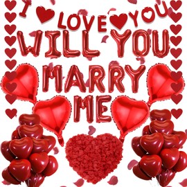 Will You Marry Me Balloons - 545 Pcs Red Letter Heart Foil Balloons Banner Hanging Streamer Garland Rose Petals For Valentines Day Decorations Engagements Wedding Proposals Romantic Special Night