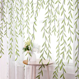BROSHAN 108 inch Sheer Curtains with Design, Green Leaf Pattern White Sheer Curtains 2 Panels Vine Curtain Window Sheers Printed Voile Sheer Drapes for Living Room,Bedroom,