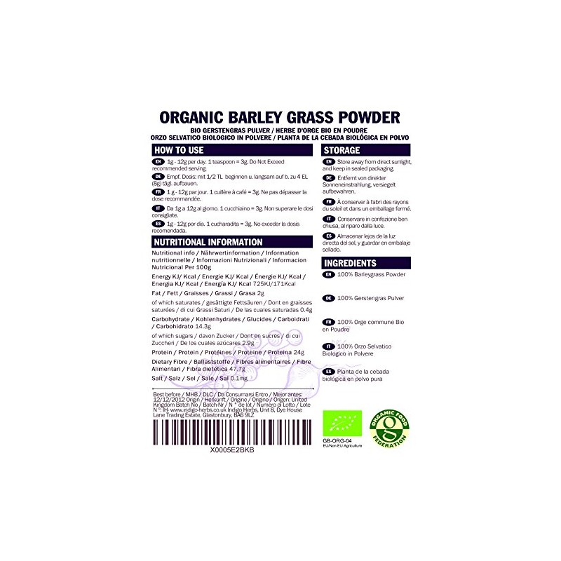 Indigo Herbs Organic New Zealand Barley Grass Powder 100g