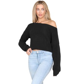janisramone® Womens Off The Shoulder Jumper, Long Sleeve Pullover Sweater, Cropped Baggy Oversized Slash Neck Jumper - Warm Jumpers for Women UK, Winter Ladies Cable Knit Jumper Black
