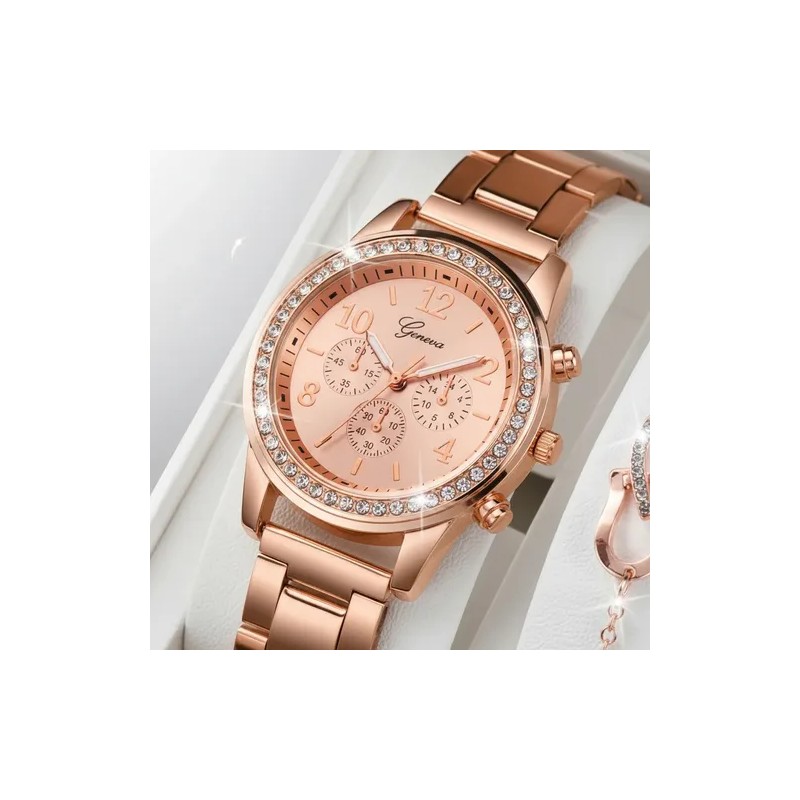 Set Regalo Mujer Reloj Collar Anillo Aretes Oro Rosa Rose