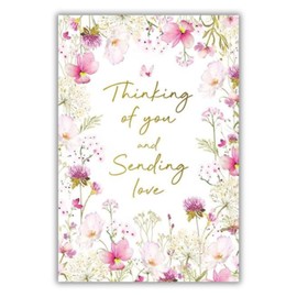 Nigel Quiney Thinking of You Card - Pink Flowers with Foil Details - Eco-Friendly and Recyclable