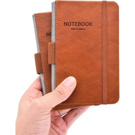AISBUGUR Notebook A6 Pack of 2 Small 9 x 14 cm Pocket Notebook Hard Cover with Pen Holder Elastic Band Thick Paper Notepad Small PU Leather Brown
