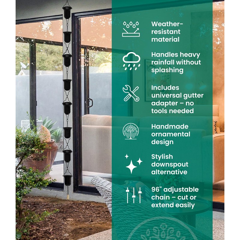 OUT ESSENTIALS Black Rain Chain for Gutters for Heavy Rain