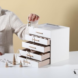 Frebeauty Clear Lid Jewelry Box,5-Layer Jewelry Organizer with Drawer,PU Leather Jewelry Organizers and Storage,Jewelry Boxes for Women,Jewelry Storage for Rings Earring Stud,Gift for Women(White)