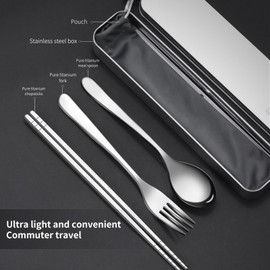 Titanium cutlery set, travel cutlery with box, including titanium fork, chopsticks and spoon, packed in a handbag, portable, suitable for school, work, picnic, camping use