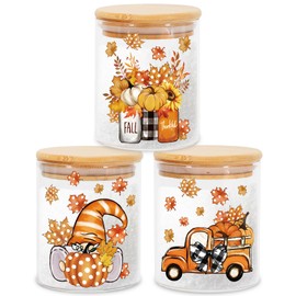 JarThenaAMCS 3Pcs Fall Glass Storage Jars with Airtight Bamboo Lid Orange Pumpkin Gnome Truck Canisters Sets for Autumn Harvest Thanksgiving Home Kitchen Countertop Decoration