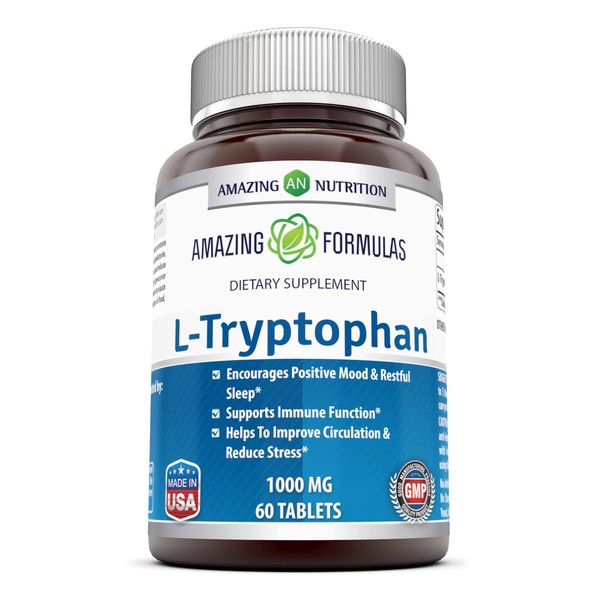 Amazing Formulas L-Tryptophan 1000 Mg, 60 Tablets (Non GMO,Gluten Free) - Encourages Positive Mood & Restful Sleep - Supports Immune Function - Helps to Improve Circulation & Reduce Stress*