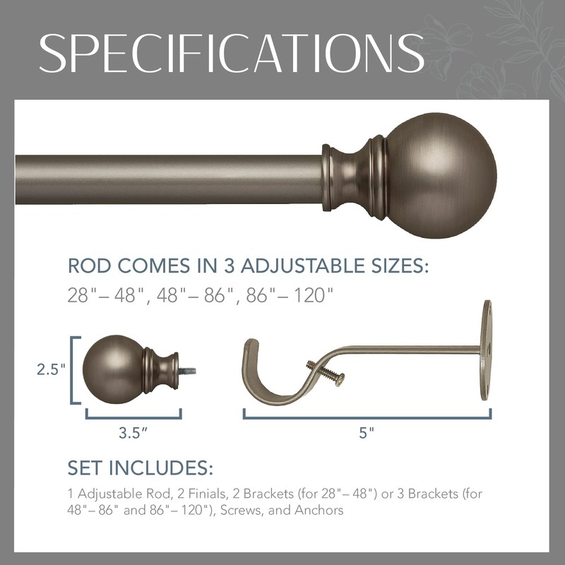Elrene Home Fashions Cordelia Adjustable Single Curtain Rod with Globe