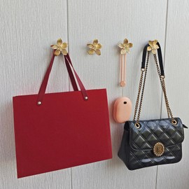 YEMCHI 4 Pack Gold Decorative Flower Wall Hooks with Self Adhesive, Towel Coat Purse Backpack Screw-in Wall Hangers, Brushed Gold Zinc Petal Door Hook for Bathroom Shower Kitchen (4 Flower)