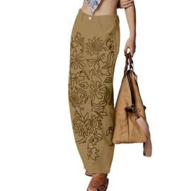 YSW Embroidered Mid Rise Jeans for Women Baggy Boyfriend Jean Boho Barrel Horseshoe Vintage Pants Khaki M