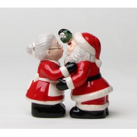 Fine Ceramic Santa Couple Kissing Under The Mistletoe Salt & Pepper Shakers Set, 3-3/8" H