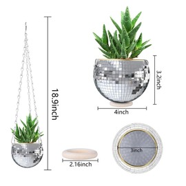 moonoom 2 Pcs Hanging Disco Ball Planter - 4Inch Sliver Disco Mirror Ball Planter wit...
