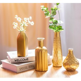 Small Gold Bud Vases for Table Decoration, Set of 4 Single Flower Vase Modern Decorative Vase, Aesthetic Gold Centerpiece Vase - Vintage Bottles for Home Wedding Centerpiece Decorations