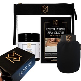 MS Exfoliating Glove Kessa Mitt Body Scrubber - Dead skin remover Shower Glove for Dead Skin Scrubbing and Deep Pore Cleansing - Spa set with Moroccan black soap jar -by MoroccanSource