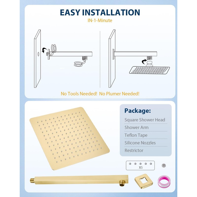 KINLIV 12 Inch Brushed Gold Rain Shower Head with Extension