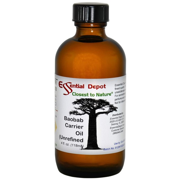 Essential Depot Baobab Unrefined Carrier Oil Non GMO - Vegan - 4 oz - GC/MS Tested - Supplied in 4 oz. Amber Glass Bottle with Black Phenolic Cone Lined and Safety Sealed Cap