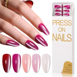 CUZIAM 150Pcs Nude Cat Eye Press on Nails Short Almond, 5 Colors Translucent Jelly Glass Moonlight Magnetic Gel Nail Tips, Sheer Pink Red Salon-Like Fake Nails Manicure Kit for Women for All Seasons